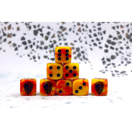 Hundred Kingdom Faction Dice on Red swirl Dice