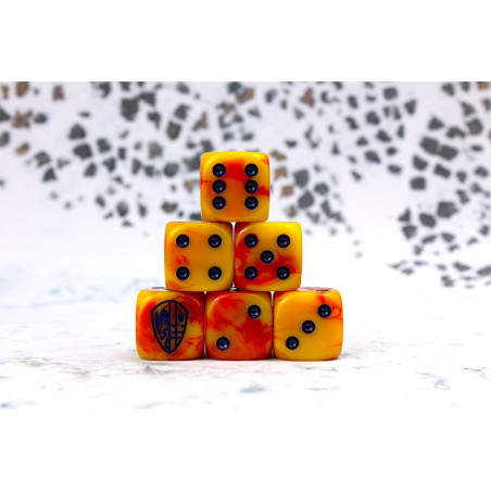 Hundred Kingdom Faction Dice on Red swirl Dice